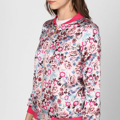 Women's Fuchsia Printed Satin Jacket