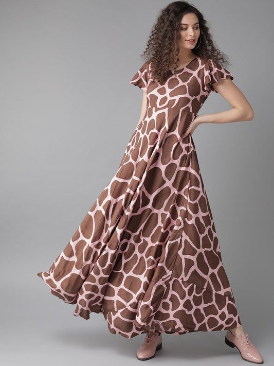 Women's  Pink & Brown Animal Printed Maxi Dress