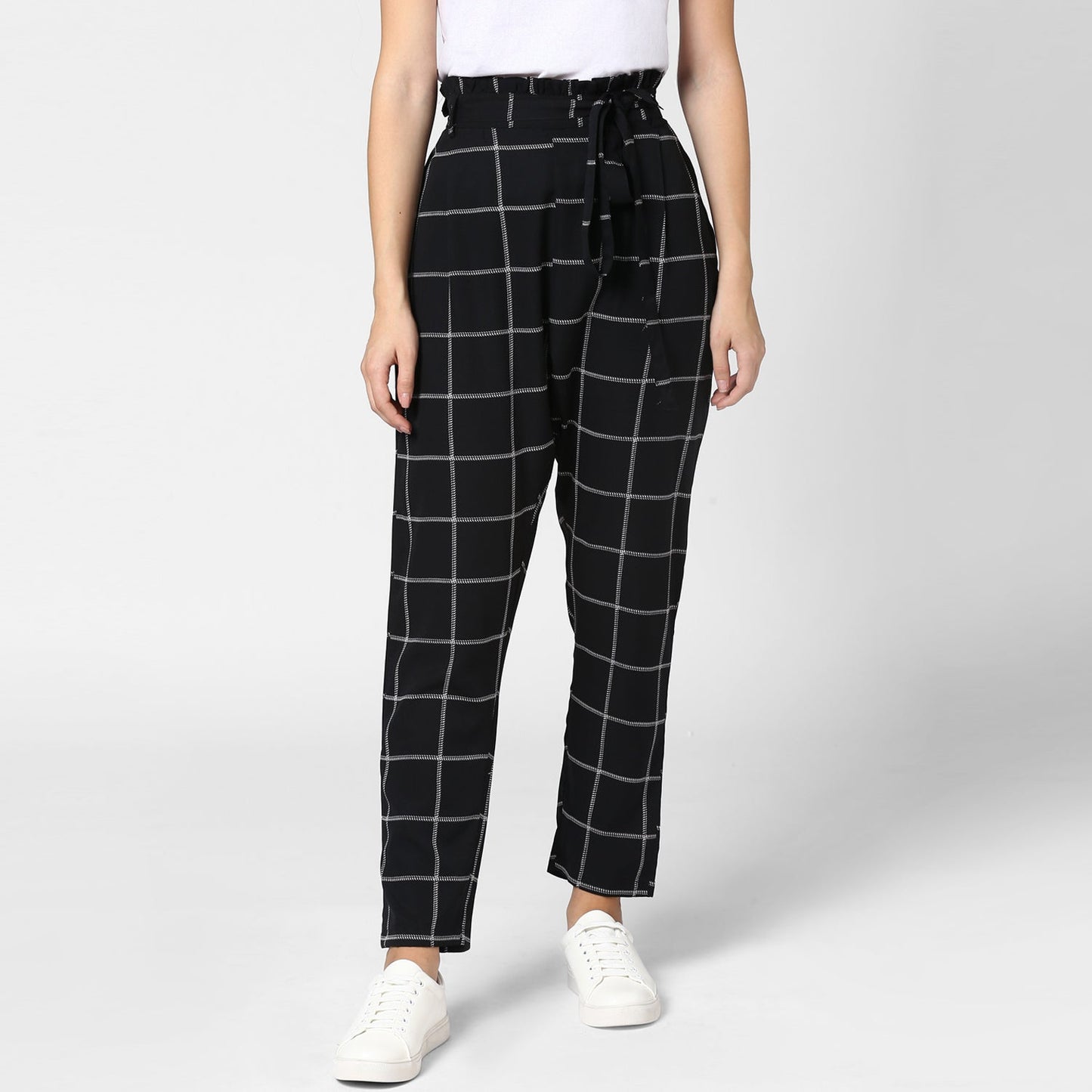 Women's Black and White Check Paperbag Pants with elasticated waistband