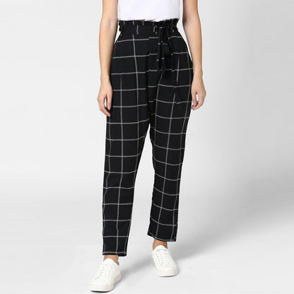 Women's Black and White Check Paperbag Pants with elasticated waistband