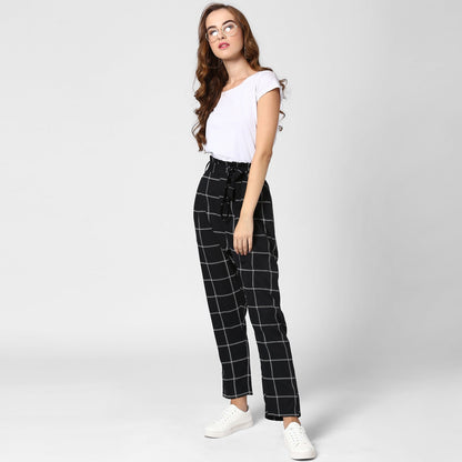Women's Black and White Check Paperbag Pants with elasticated waistband