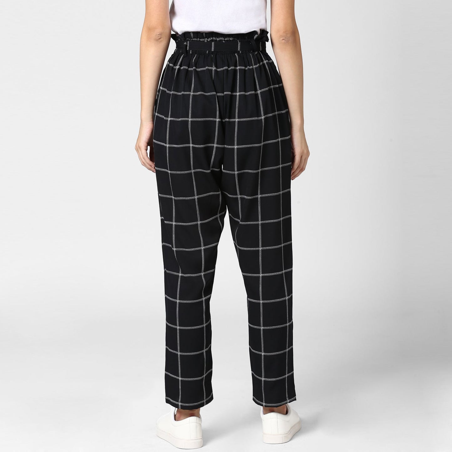 Women's Black and White Check Paperbag Pants with elasticated waistband