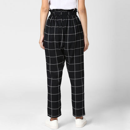 Women's Black and White Check Paperbag Pants with elasticated waistband