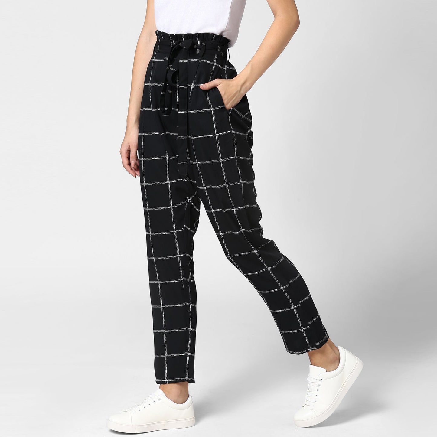 Women's Black and White Check Paperbag Pants with elasticated waistband