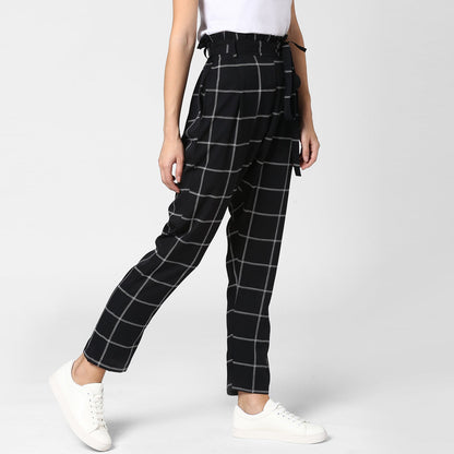 Women's Black and White Check Paperbag Pants with elasticated waistband
