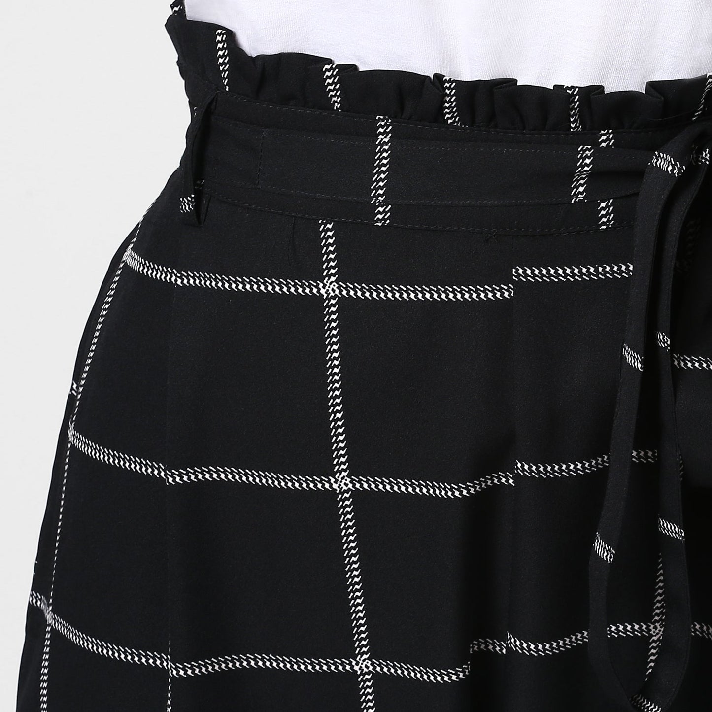 Women's Black and White Check Paperbag Pants with elasticated waistband