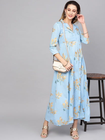 Women's  Blue & Golden Printed Maxi Dress