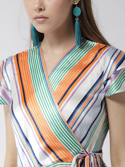 Women's Satin Stripe Print Wrap Dress