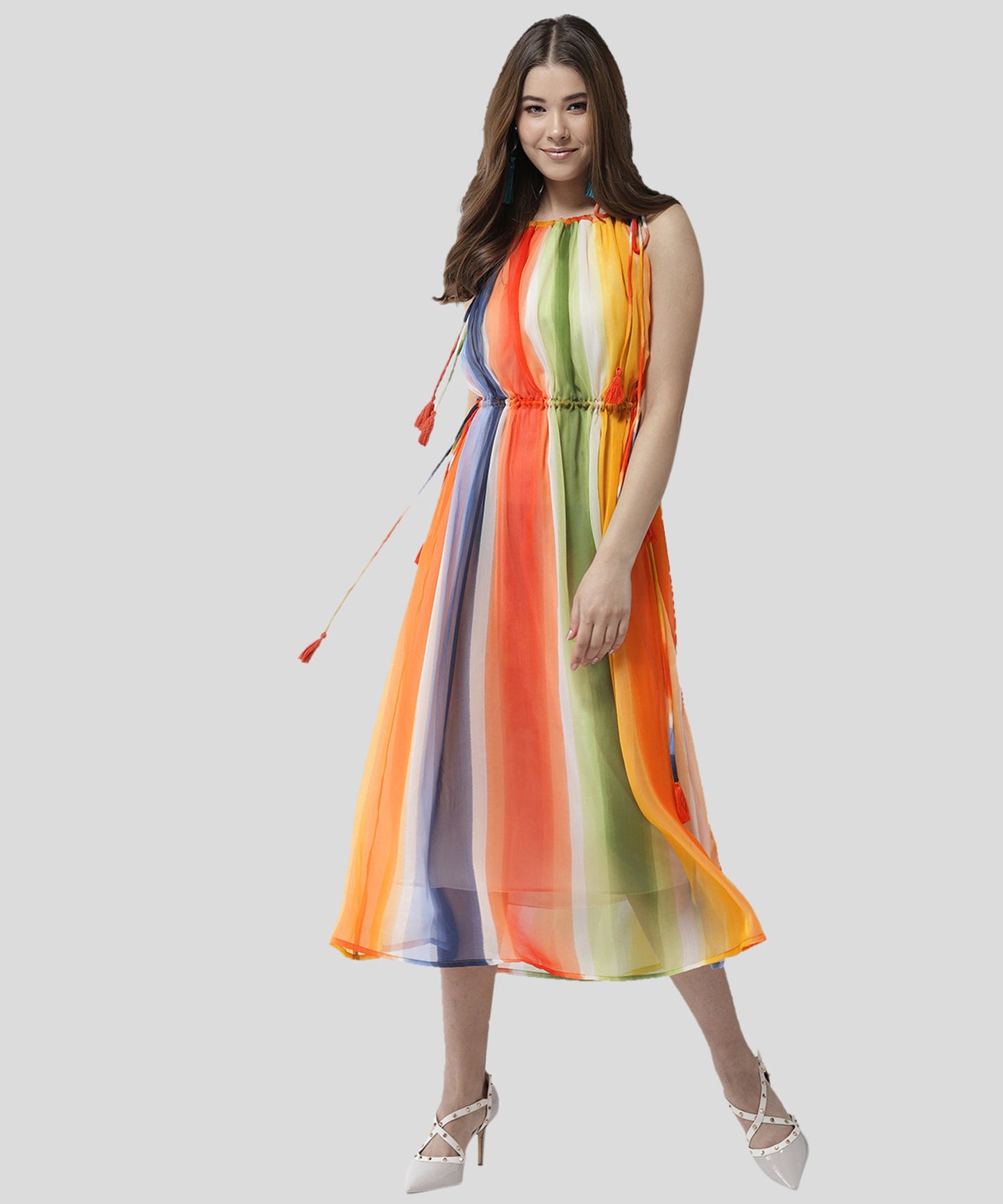Women's Tie up Rainbow Print Maxi dress