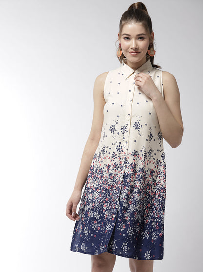 Women's Cream Color Floral Printed Crepe Dress