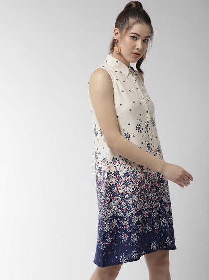 Women's Cream Color Floral Printed Crepe Dress