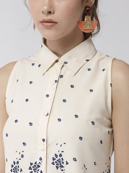 Women's Cream Color Floral Printed Crepe Dress