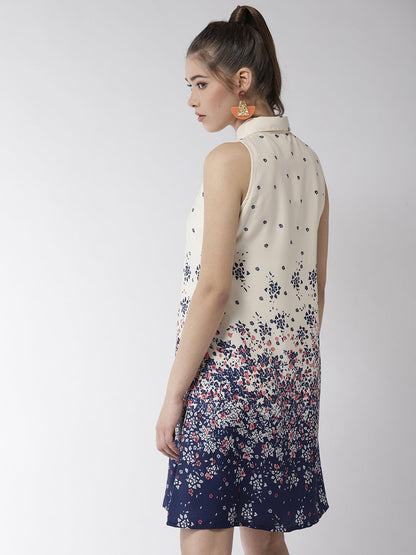 Women's Cream Color Floral Printed Crepe Dress