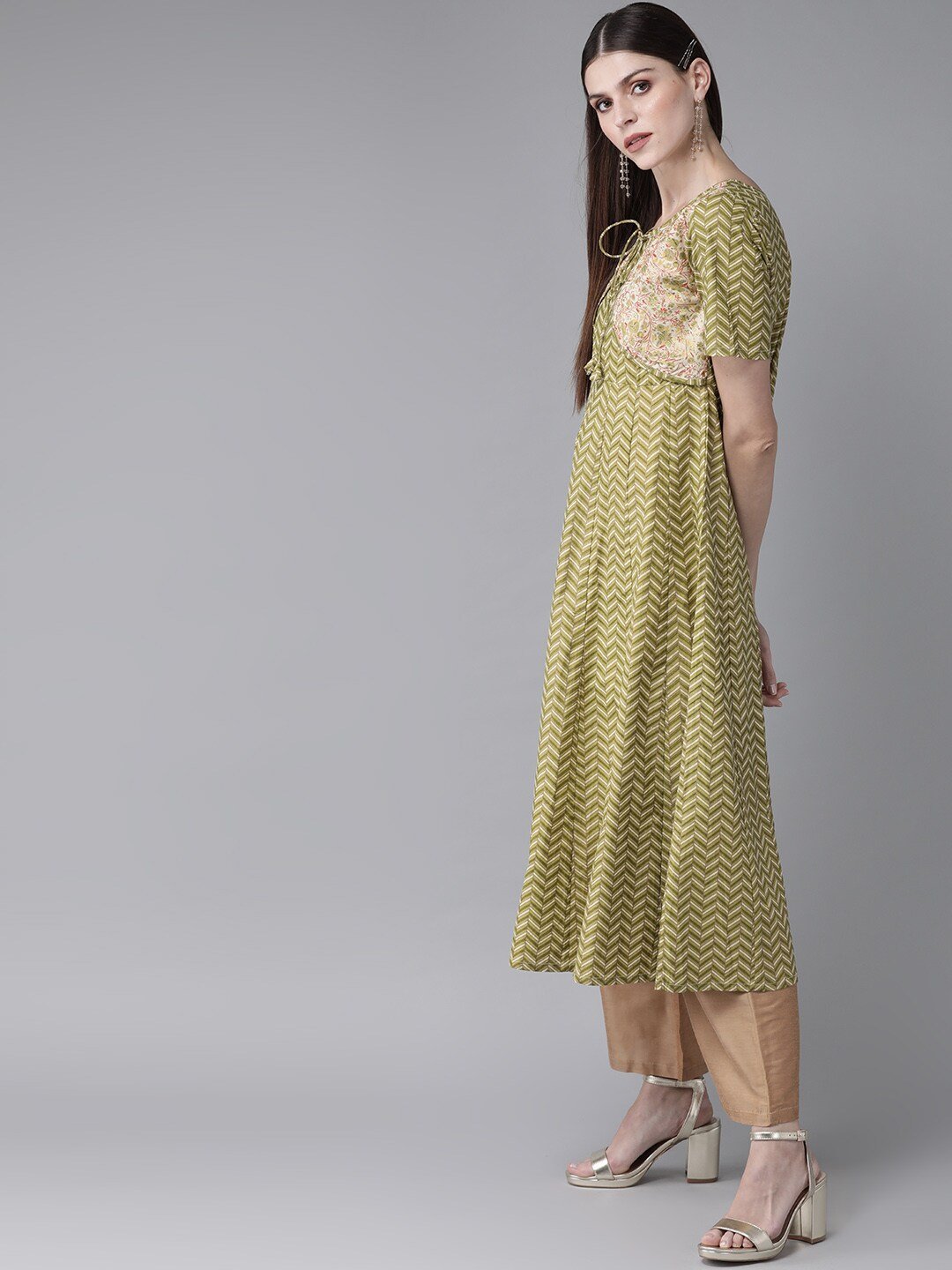Women's  Green & Cream-Coloured Khari Print Layered A-Line Kurta