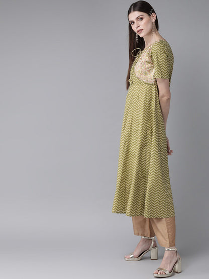 Women's  Green & Cream-Coloured Khari Print Layered A-Line Kurta
