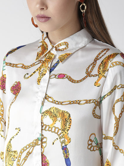 Women's White and Golden Animal Chain Print Shirt