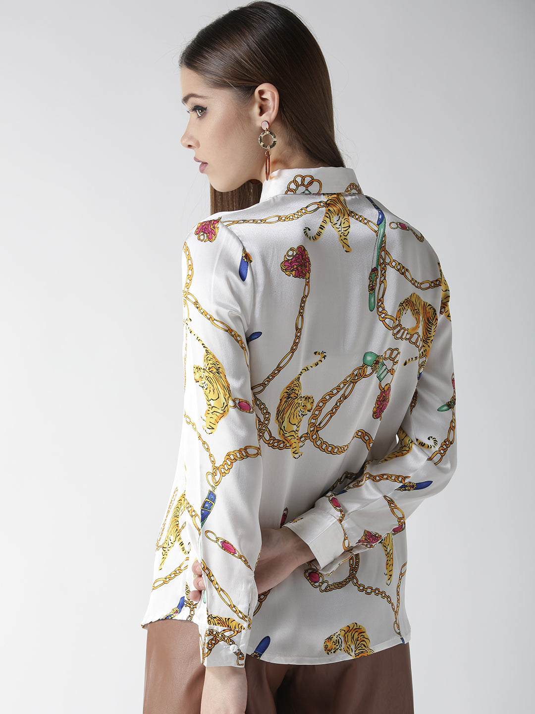 Women's White and Golden Animal Chain Print Shirt