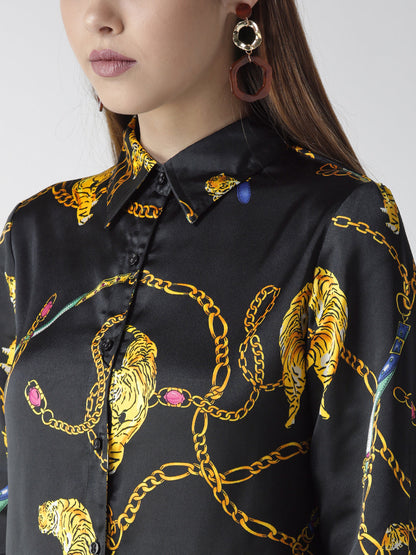 Women's Black and Golden Animal Chain Print Shirt
