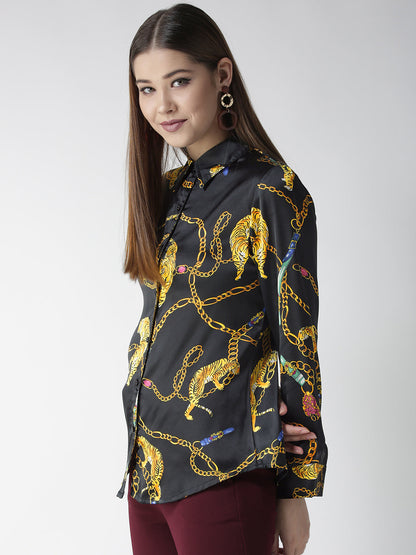 Women's Black and Golden Animal Chain Print Shirt