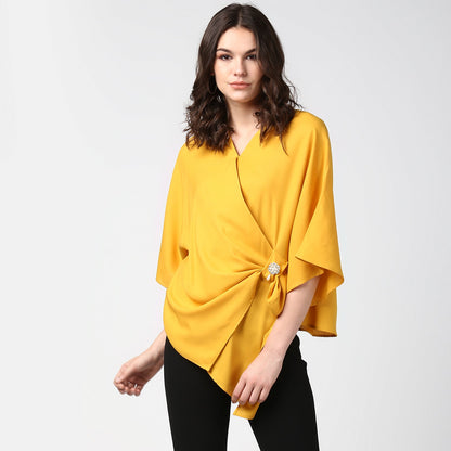 Women's Yellow Side Drape Top with Brooch
