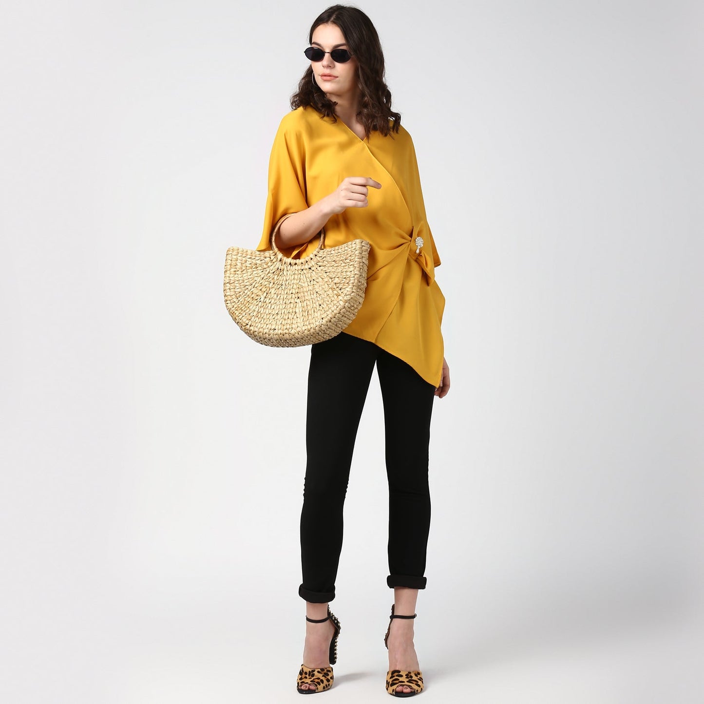 Women's Yellow Side Drape Top with Brooch