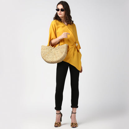 Women's Yellow Side Drape Top with Brooch