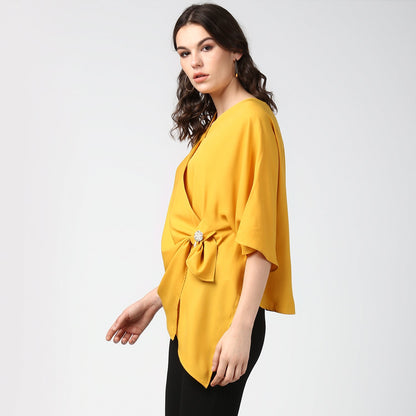 Women's Yellow Side Drape Top with Brooch