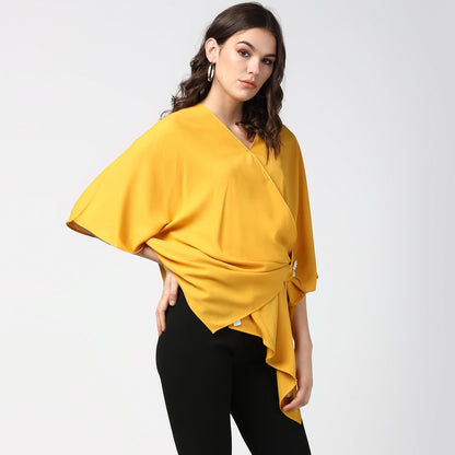 Women's Yellow Side Drape Top with Brooch
