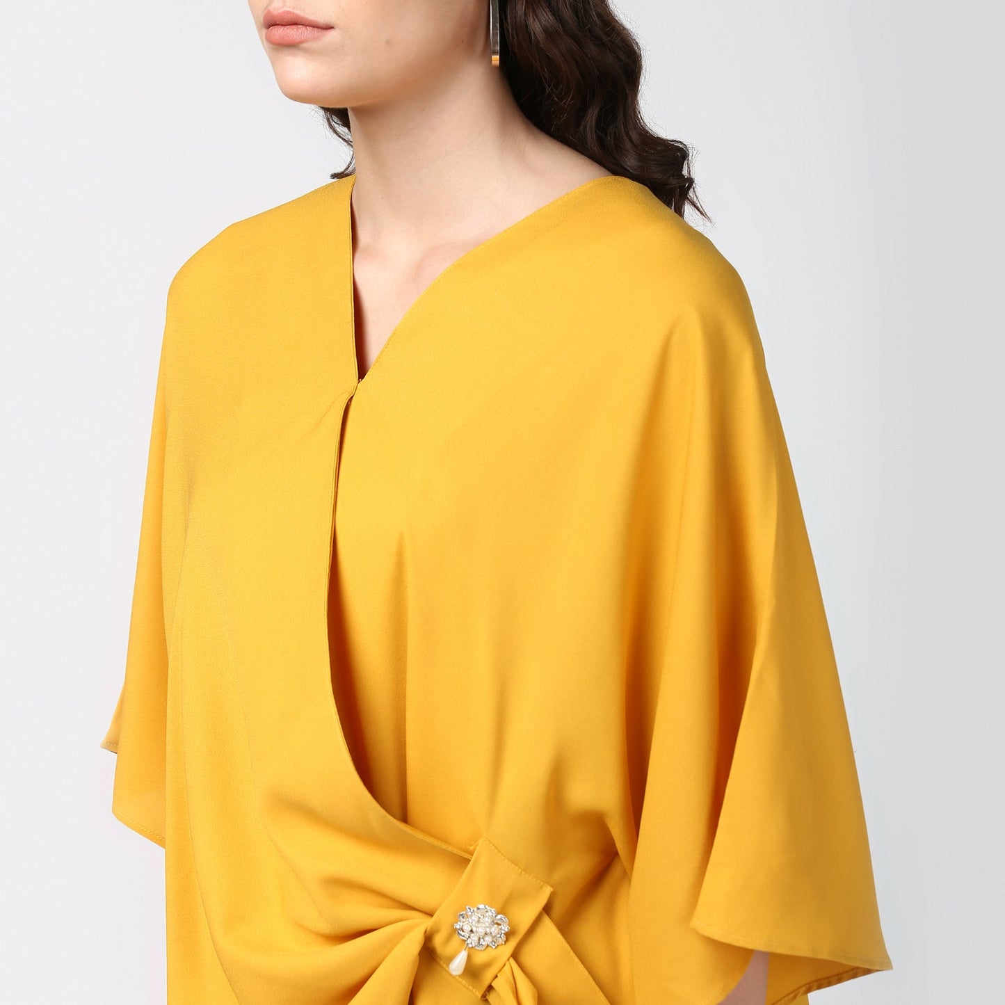 Women's Yellow Side Drape Top with Brooch