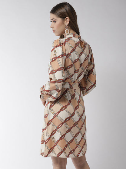 Women's Brown Polyester Belt Print Manderin Collar Dress with belt