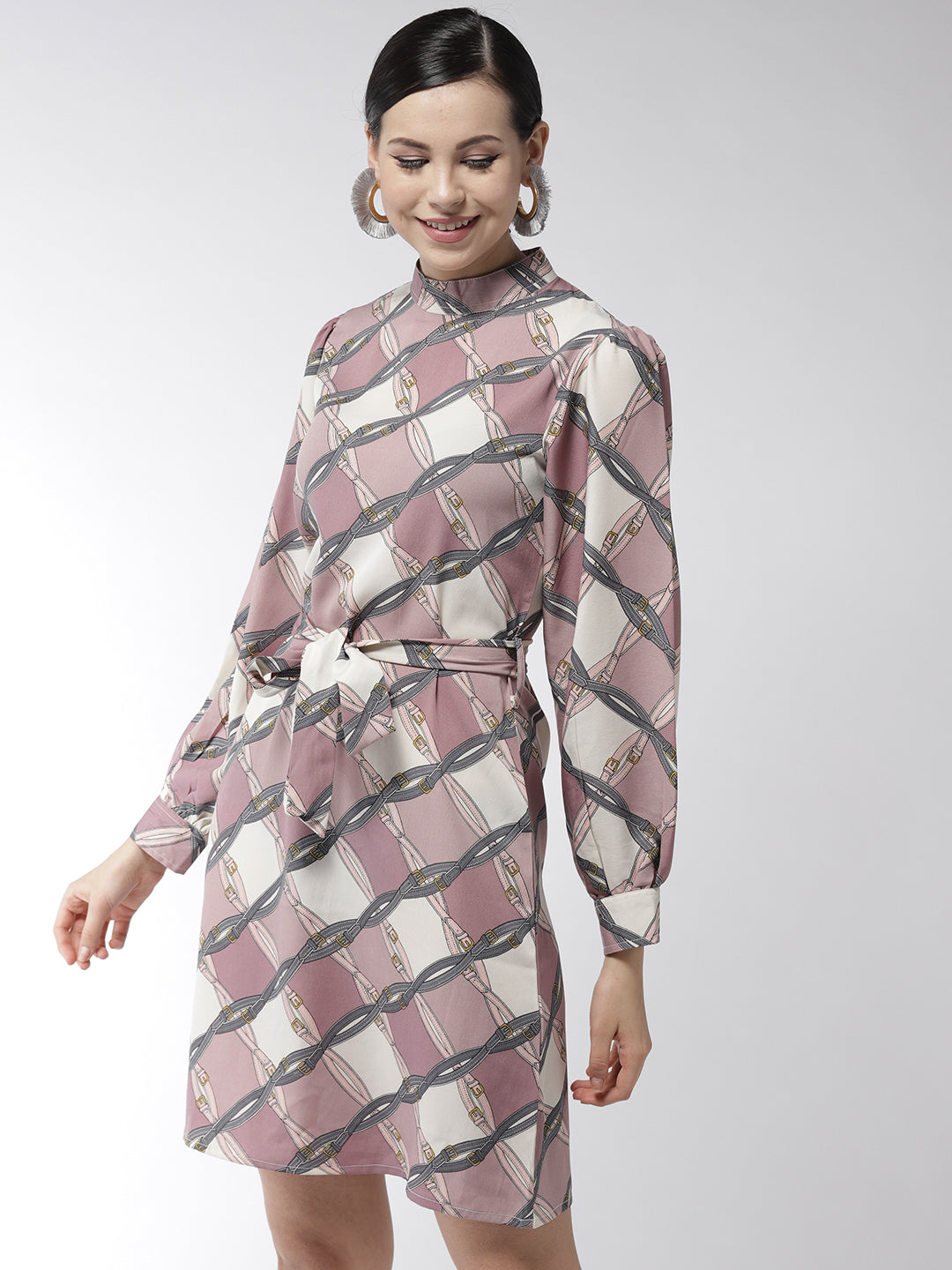 Women's Polyester Lavender Belt Print Manderin Collar Dress with belt