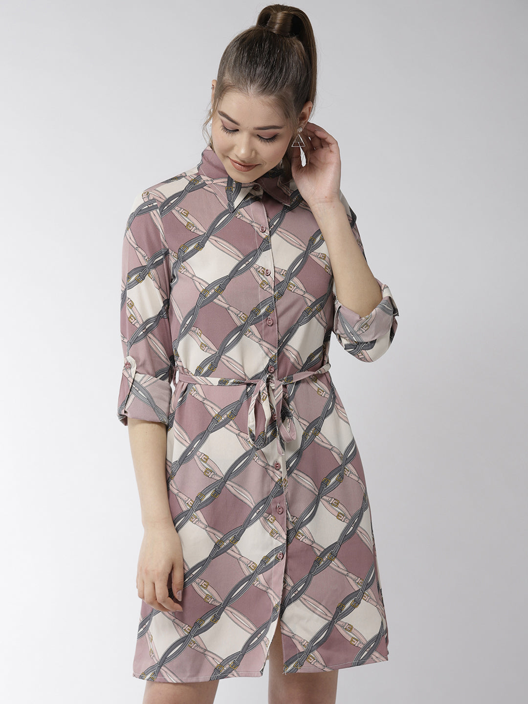 Women's Lavender Polyester Belt style Shirt Dress