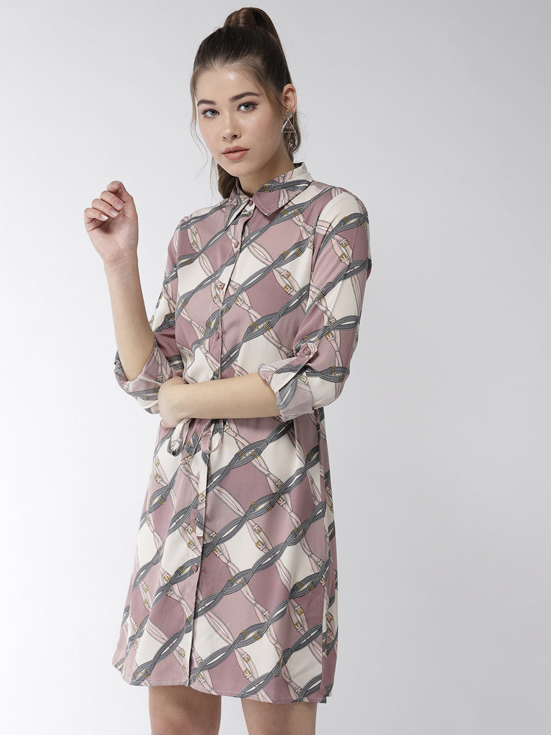 Women's Lavender Polyester Belt style Shirt Dress