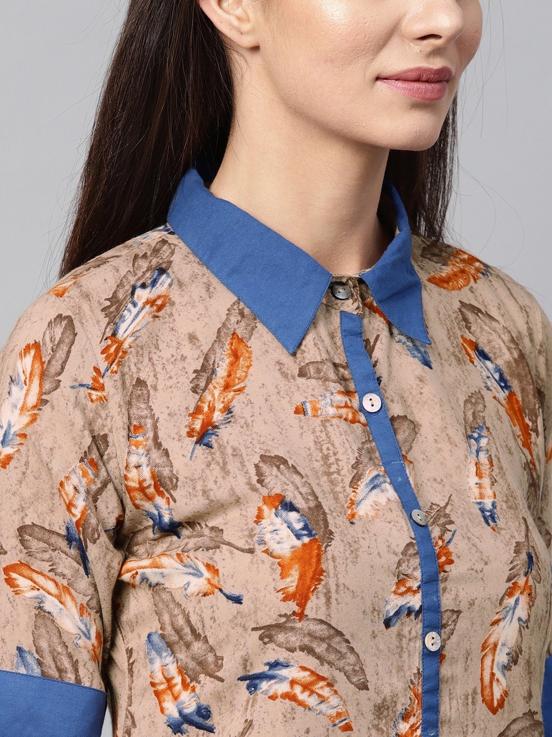 Women's  Beige & Rust Orange Feather Print A-Line Kurta