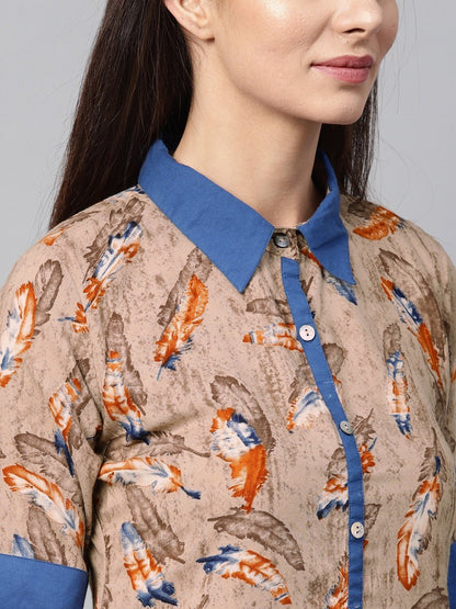 Women's  Beige & Rust Orange Feather Print A-Line Kurta