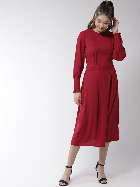 Women's Red Polyester Moss pintuck and pleated Midi dress