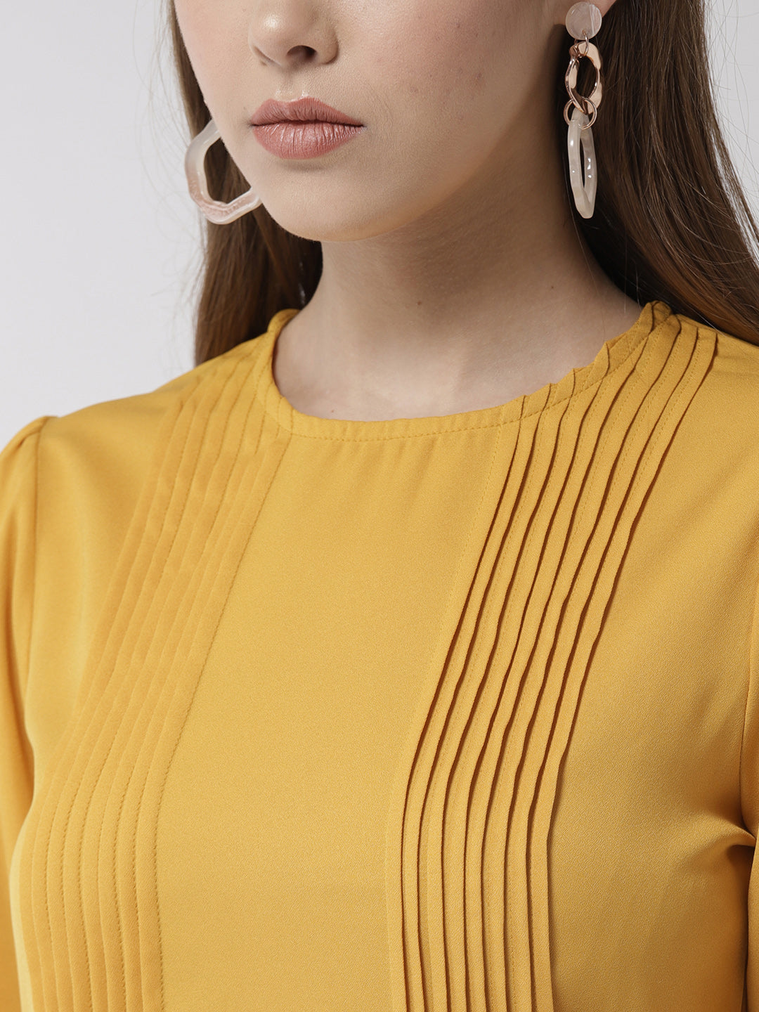 Women's Yellow Polyester Moss Pintuck And Pleated Midi Dress