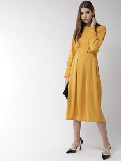 Women's Yellow Polyester Moss Pintuck And Pleated Midi Dress