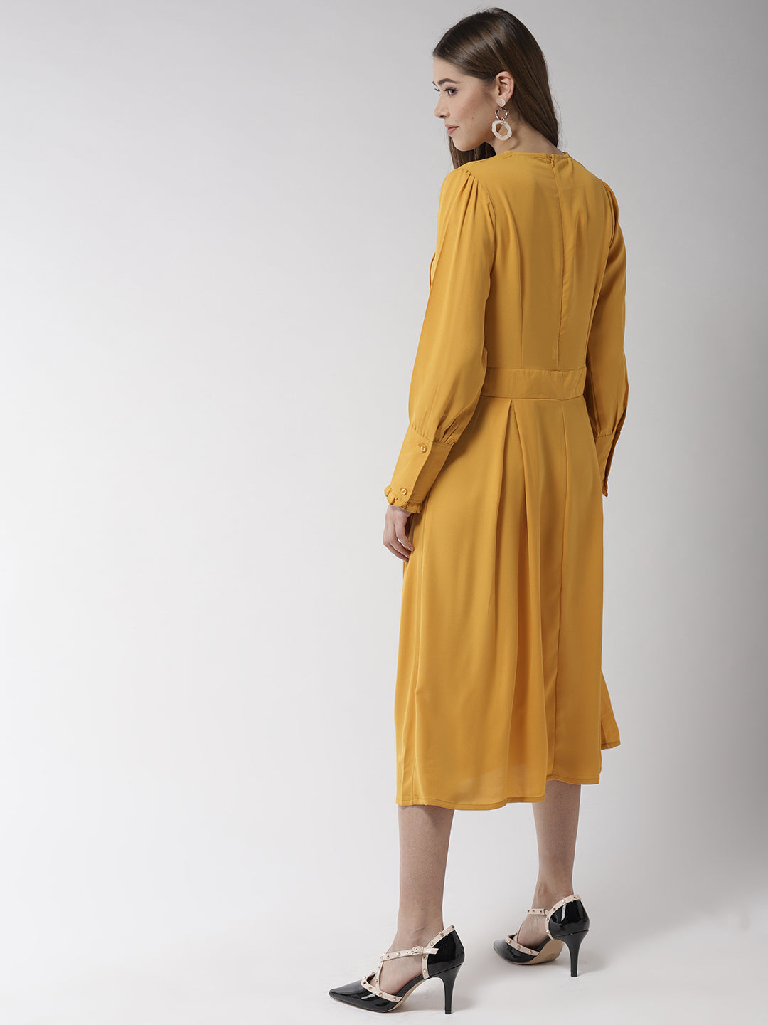 Women's Yellow Polyester Moss Pintuck And Pleated Midi Dress