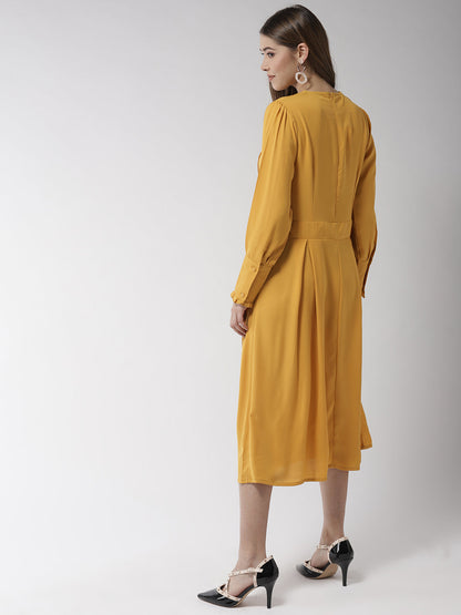 Women's Yellow Polyester Moss Pintuck And Pleated Midi Dress