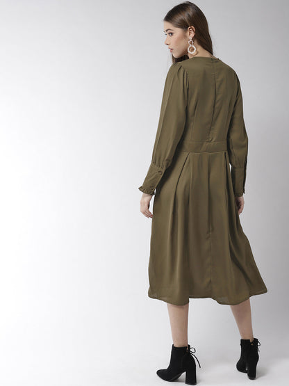 Women's Olive Polyester Moss pintuck and pleated Midi dress
