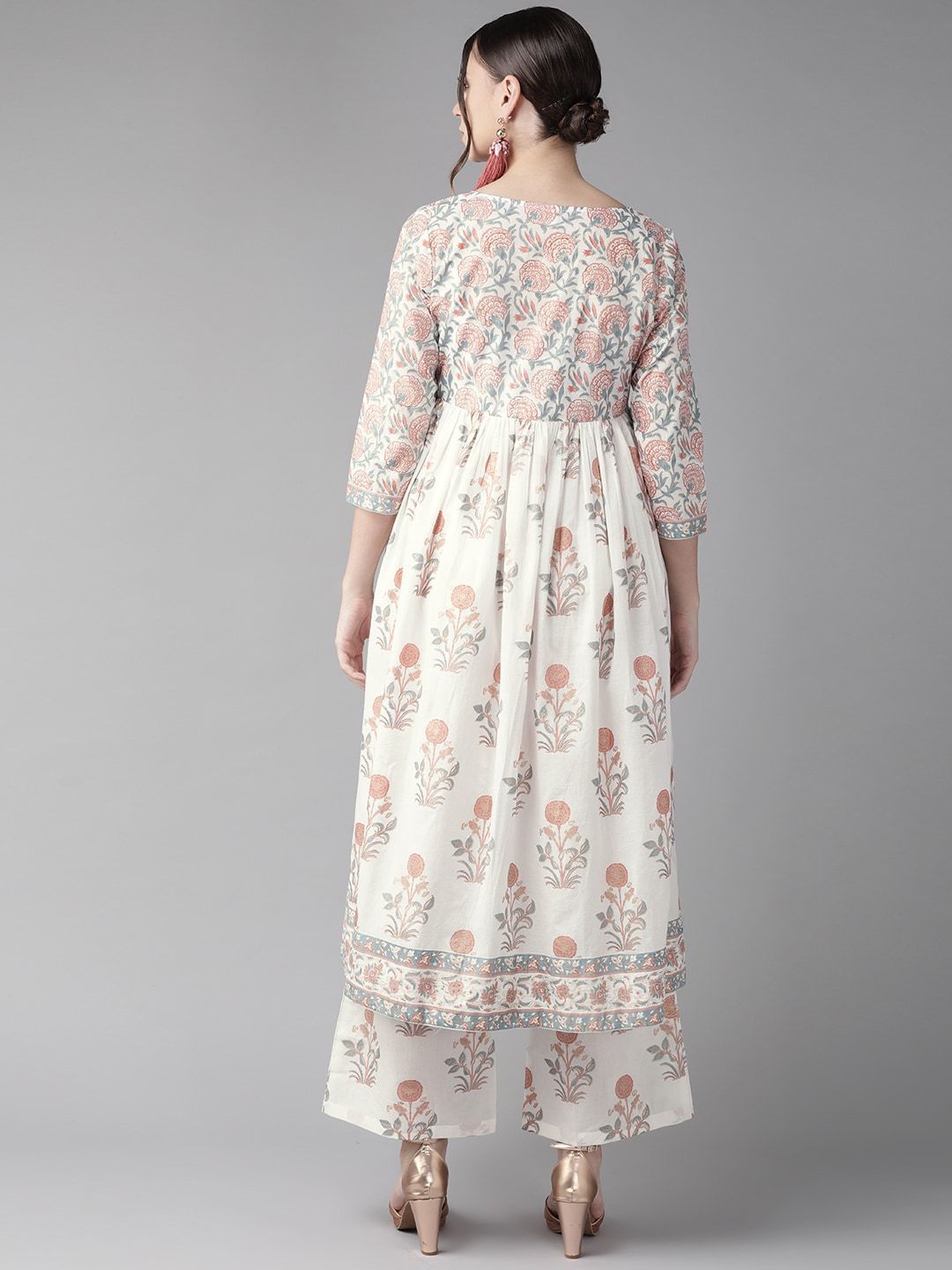 Women's  White & Rust Red Printed Anarkali Kurta
