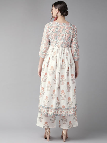 Women's  White & Rust Red Printed Anarkali Kurta