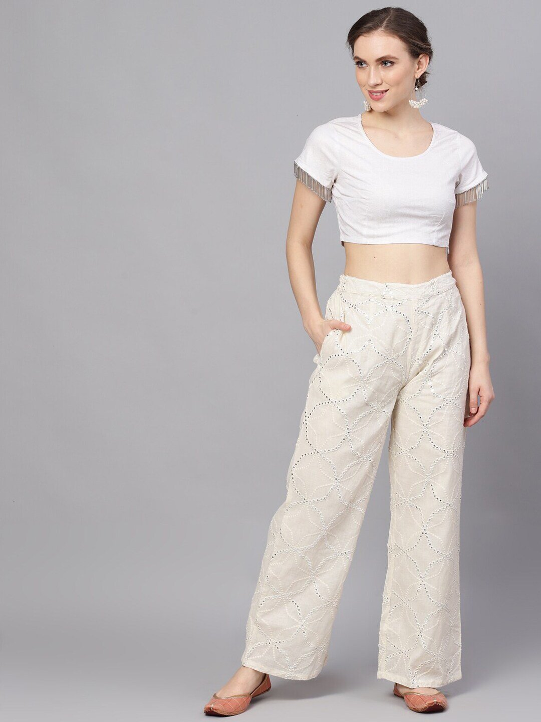 Women's  White Embroidered Wide Leg Palazzos
