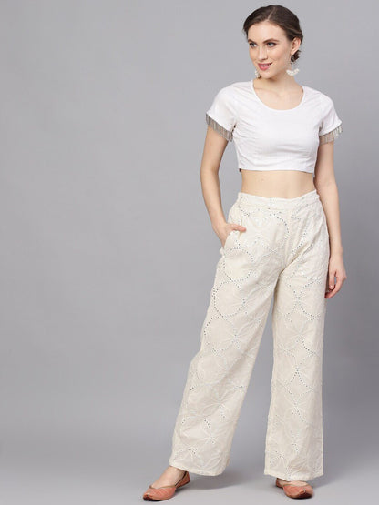 Women's  White Embroidered Wide Leg Palazzos