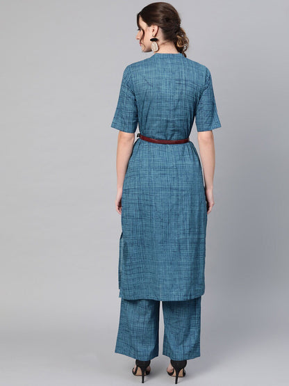 Women's  Navy Blue Self-Checked Kurta with Palazzos
