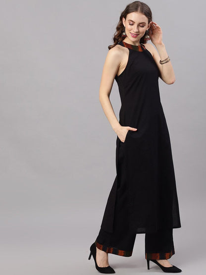 Women's  Black & Orange Colourblocked Kurta with Sharara & Dupatta