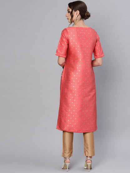 Women's  Coral Pink & Golden Reversible Woven Design Straight Kurta
