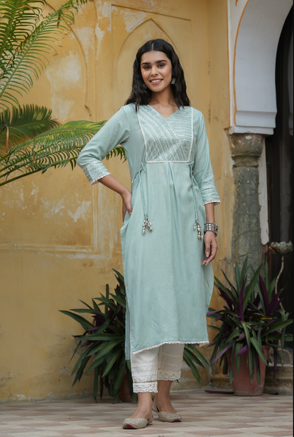 Women's Mint Blue Rayon Slub Solid Embroidered  Stright Kurta