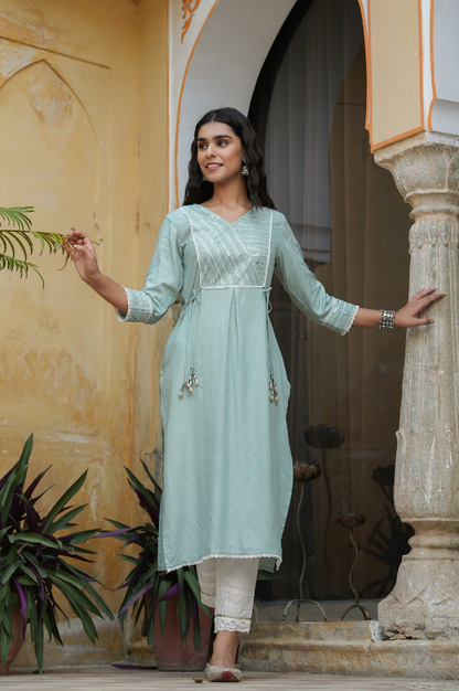 Women's Mint Blue Rayon Slub Solid Embroidered  Stright Kurta